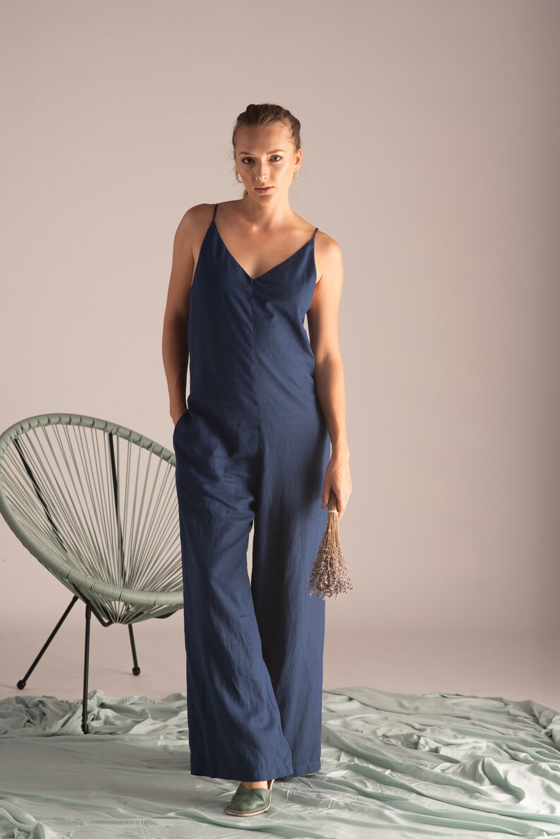 Linen Jumpsuit Blue Jumpsuit Women Jumpsuit Linen Overall Etsy