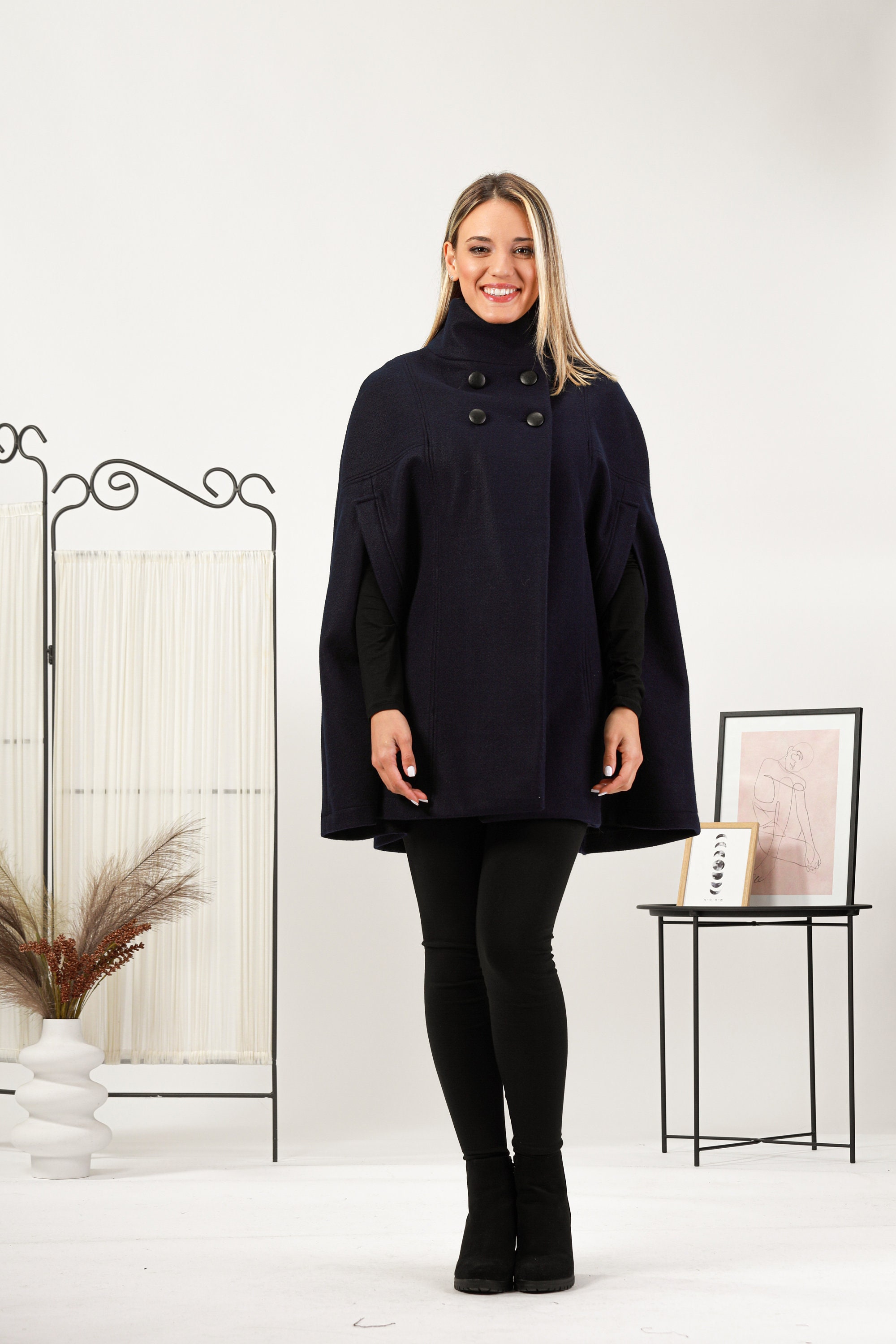 Midi Sleeveless Wool Cape Coat, Flare Pea Coat Poncho