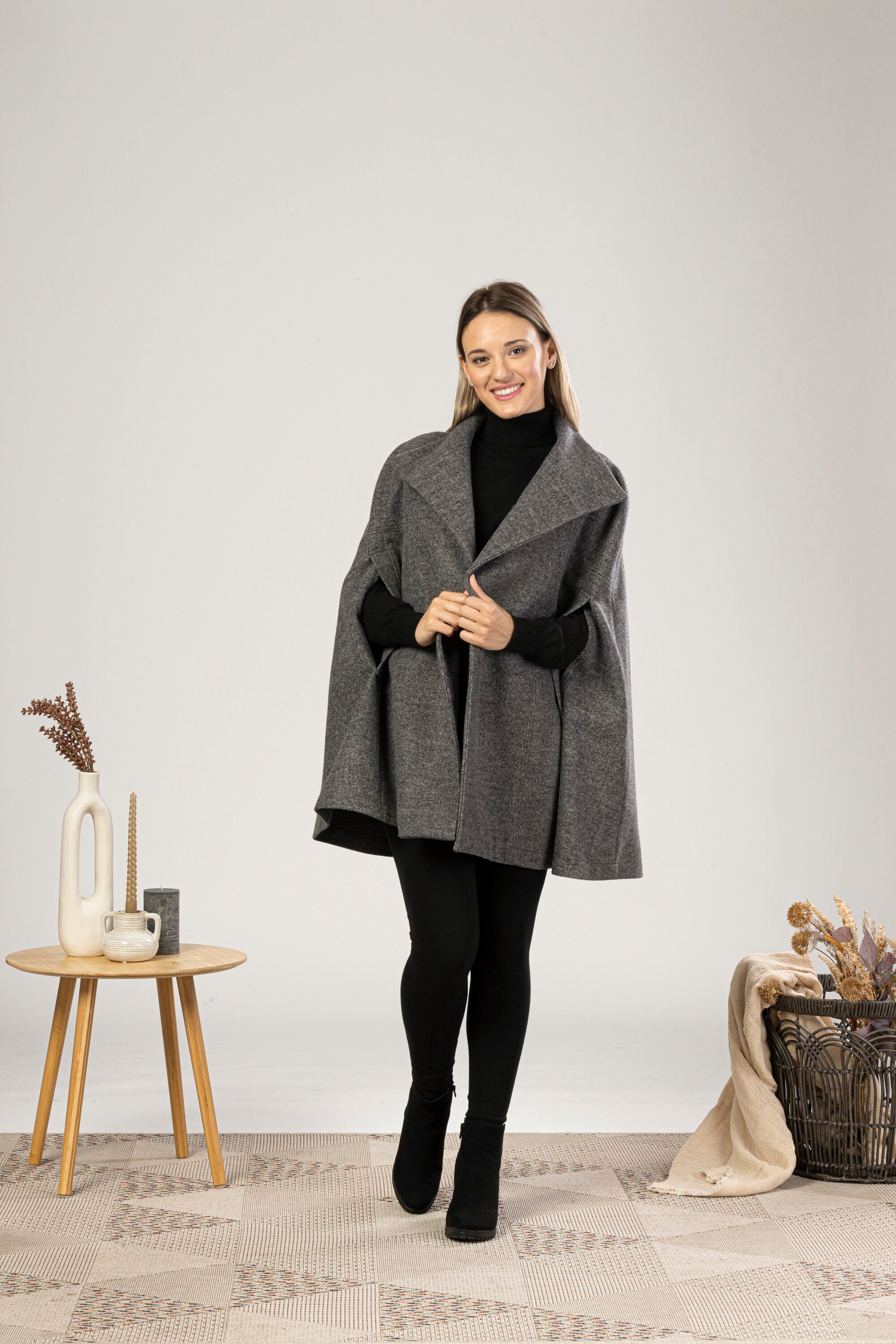 Winter Cape Coat, Elegant Swing Coat With Buttons, High Collar