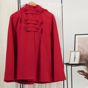 Hooded Cape Coat with Pockets, Winter Poncho Cloak, Plus Size Clothing, Short Cape Wool Mix Cloak, Poncho Jacket, Elegant Petite Swing Cape image 10