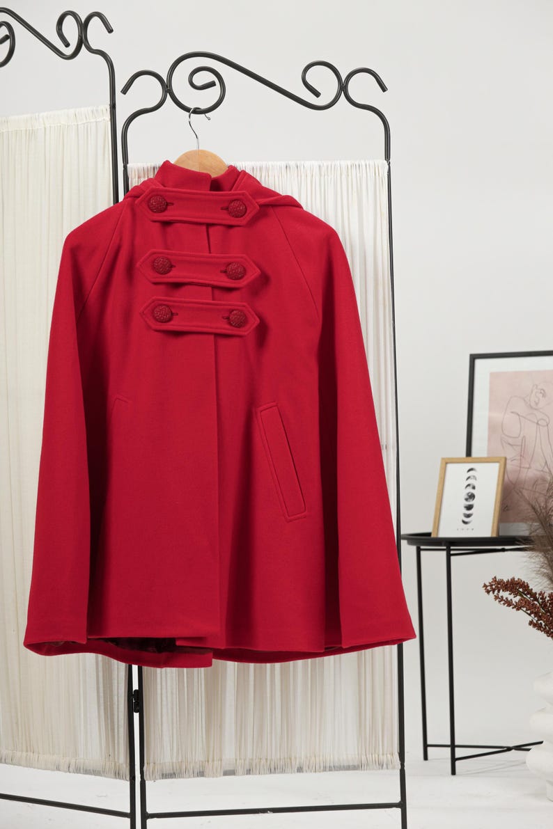 Hooded Cape Coat with Pockets, Winter Poncho Cloak, Plus Size Clothing, Short Cape Wool Mix Cloak, Poncho Jacket, Elegant Petite Swing Cape image 10
