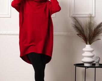 Red Hooded Tunic Sweatshirt Pleated 