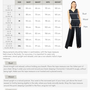 May include: Size chart detailing bust, waist, hips, and height measurements in centimetres, ranging from XS to 3XL. A woman models a navy jumpsuit. Instructions are provided for measuring bust, waist, and hips.