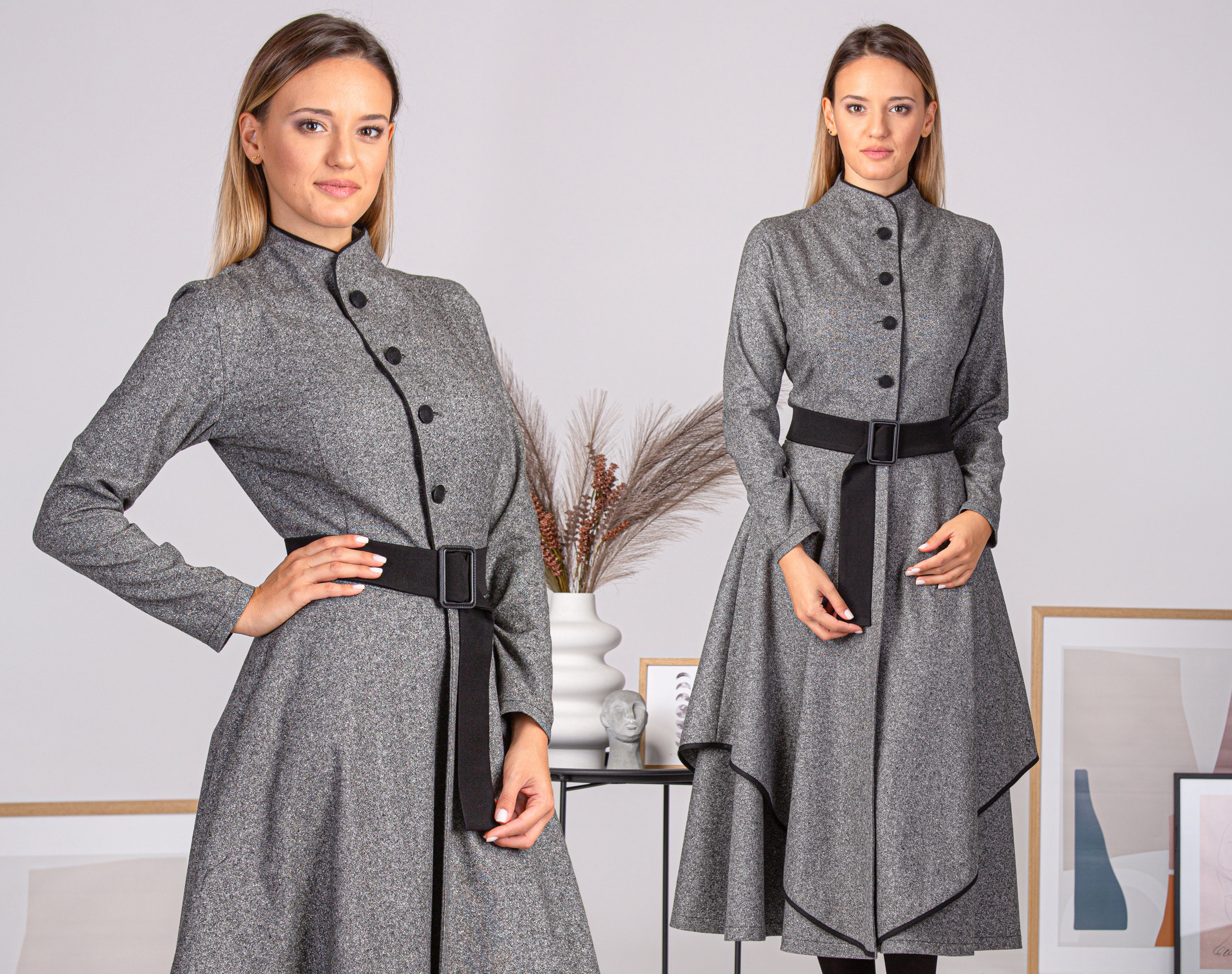 A-Line Wool Dress with Pearl Buttons