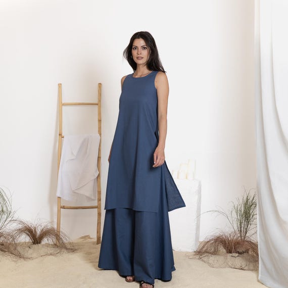 Co-Ord Linen Set of 2 - Loose Tunic Top and Wide Leg Pants, Wedding Guest Outfit, Linen Two Piece Set, Minimalist Lounge Summer Linen Set