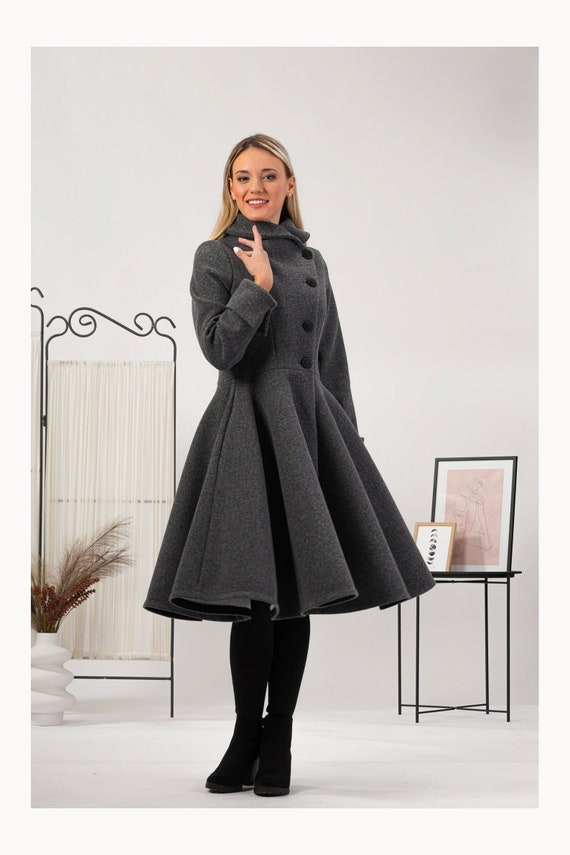 Wool Princess Coat, Fit and Flare Overcoat, Asymmetric High Collar Full Skirt Coat, Gray Winter Wool Jacket Coat, Buttons Coat With Cuffs - Etsy Wool Princess Coat, Fit and Flare Overcoat, Asymmetric High Collar Full Skirt Coat, Gray Winter Wool Jacket Coat, Buttons Coat With Cuffs - Etsy