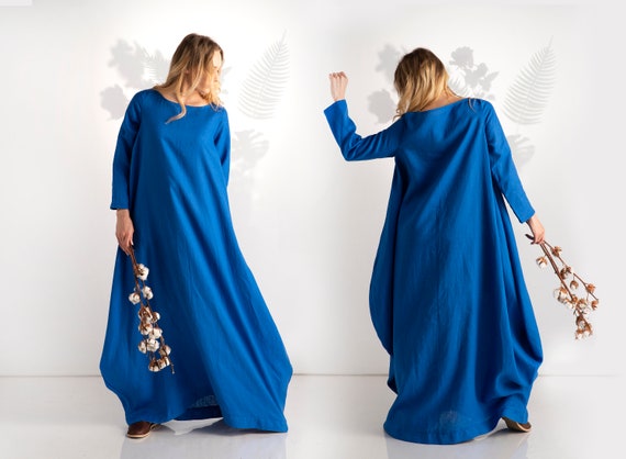 linen bubble dress Blue Linen Bubble Dress, Plus Size Asymmetric Kaftan, Natural Linen Abaya  Dress, Extra Long Large Dress, Modest Balloon Silhouette Dress