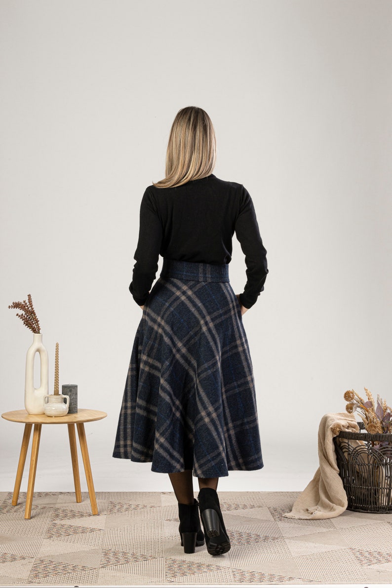 Tartan Wool Midi Skirt, High Waist Plaid Skirt, Plus Size Winter Skirt, Check Bell Circle Skirt, Wool Walking Skirt, 1940s Style Skirt image 7