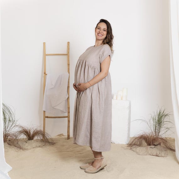 loose maternity dress Loose Fit Linen Button Down Maternity Dress, Plus Size Clothing