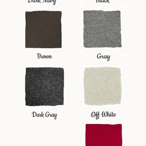 May include: Image showcasing fabric swatches in various colors: dark navy, black, brown, gray, dark gray, off-white, and raspberry. The brand name "Nikka" is displayed, along with a prompt to check the item description for more fabric information.