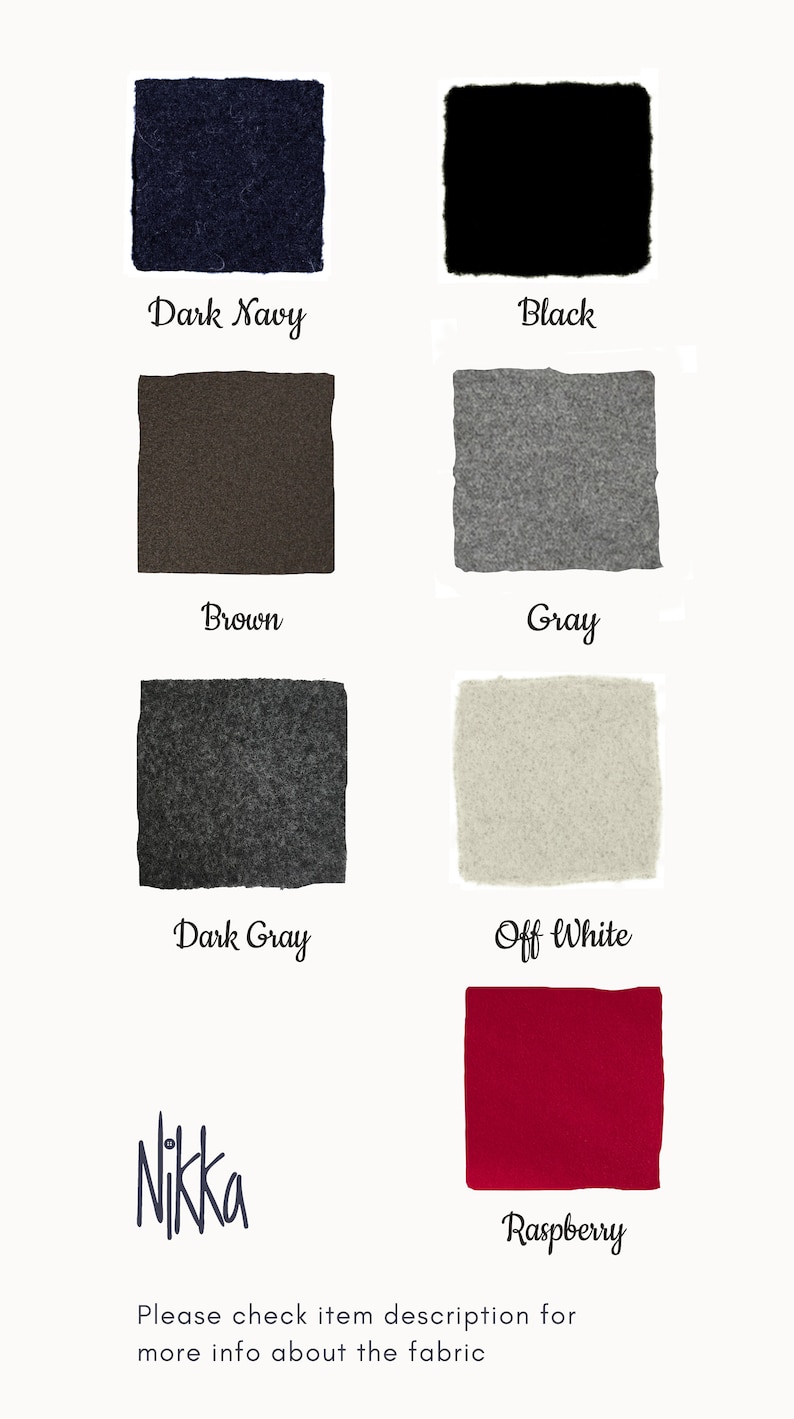 May include: Image showcasing fabric swatches in various colors: dark navy, black, brown, gray, dark gray, off-white, and raspberry. The brand name "Nikka" is displayed, along with a prompt to check the item description for more fabric information.