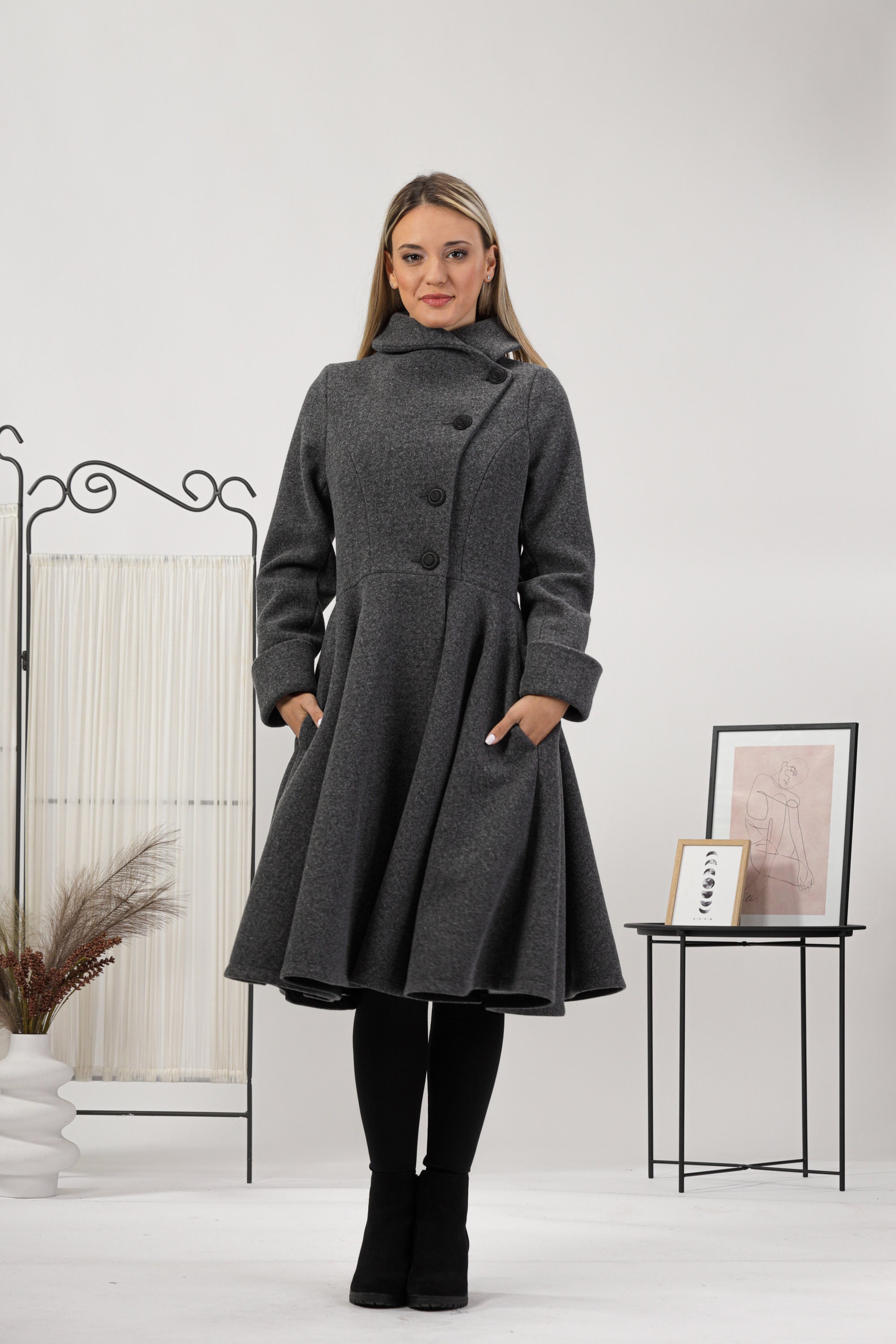 Wool Princess Coat, Fit and Flare Overcoat, Asymmetric High