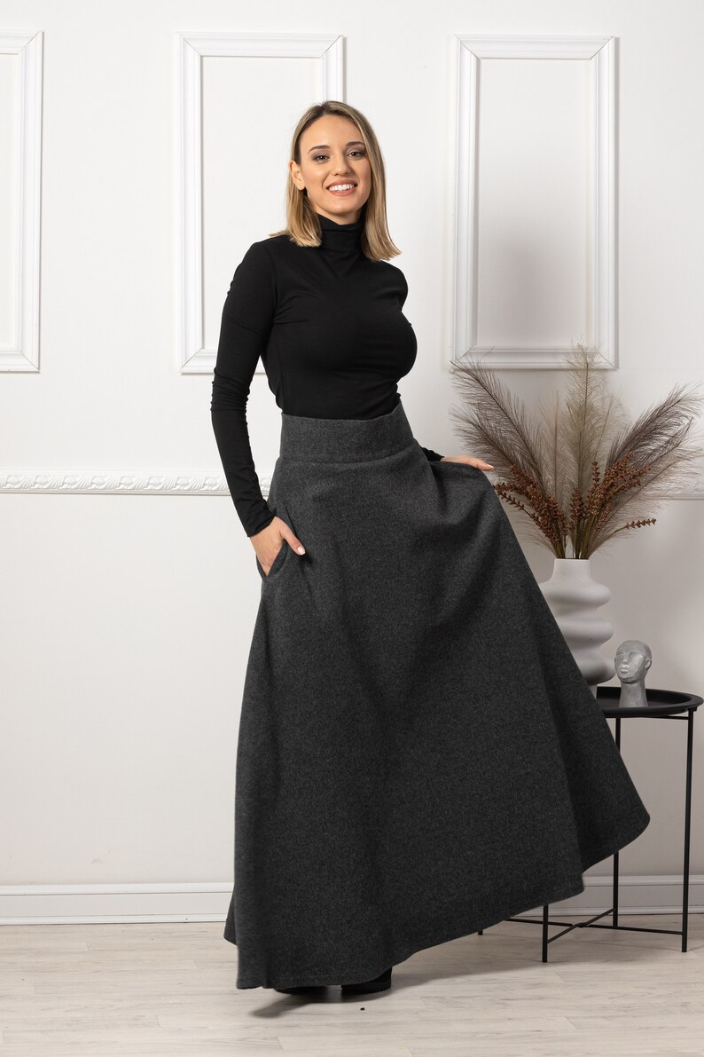 Edwardian-Inspired Soft Wool Ankle Length Skirt, Maxi Waistline Grace Skirt, Black Walking Pockets Skirt, Winter A Line Plus Size Skirt image 7