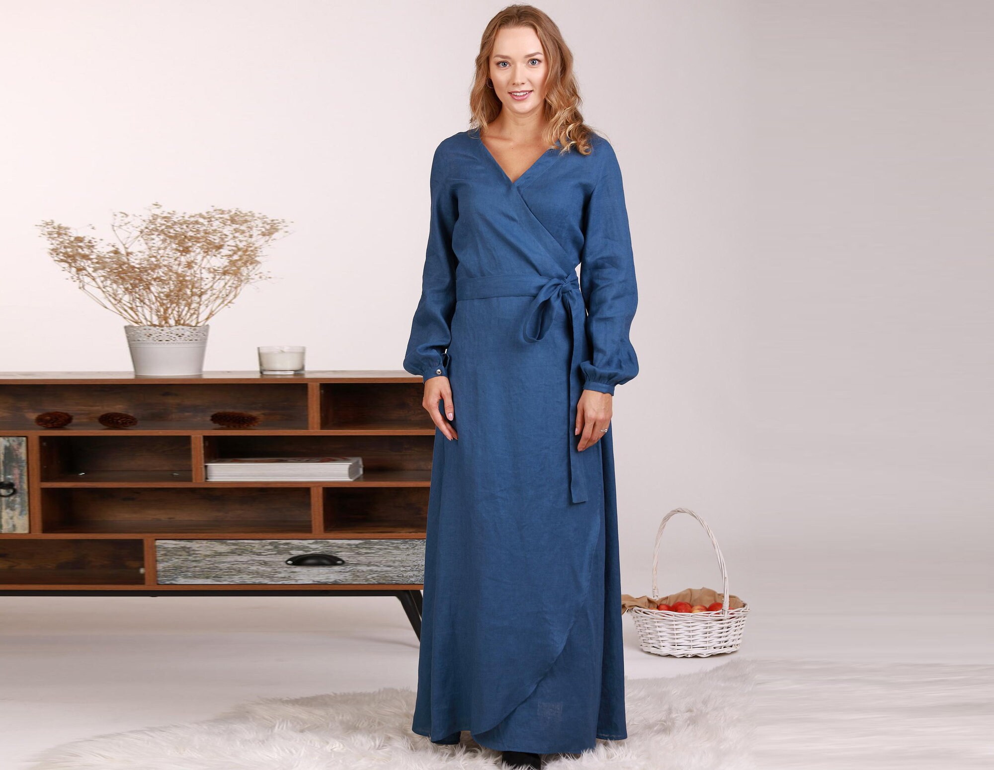 Wrap Linen Dress Blue Boho Dress Maxi Linen Dress Bishop | Etsy