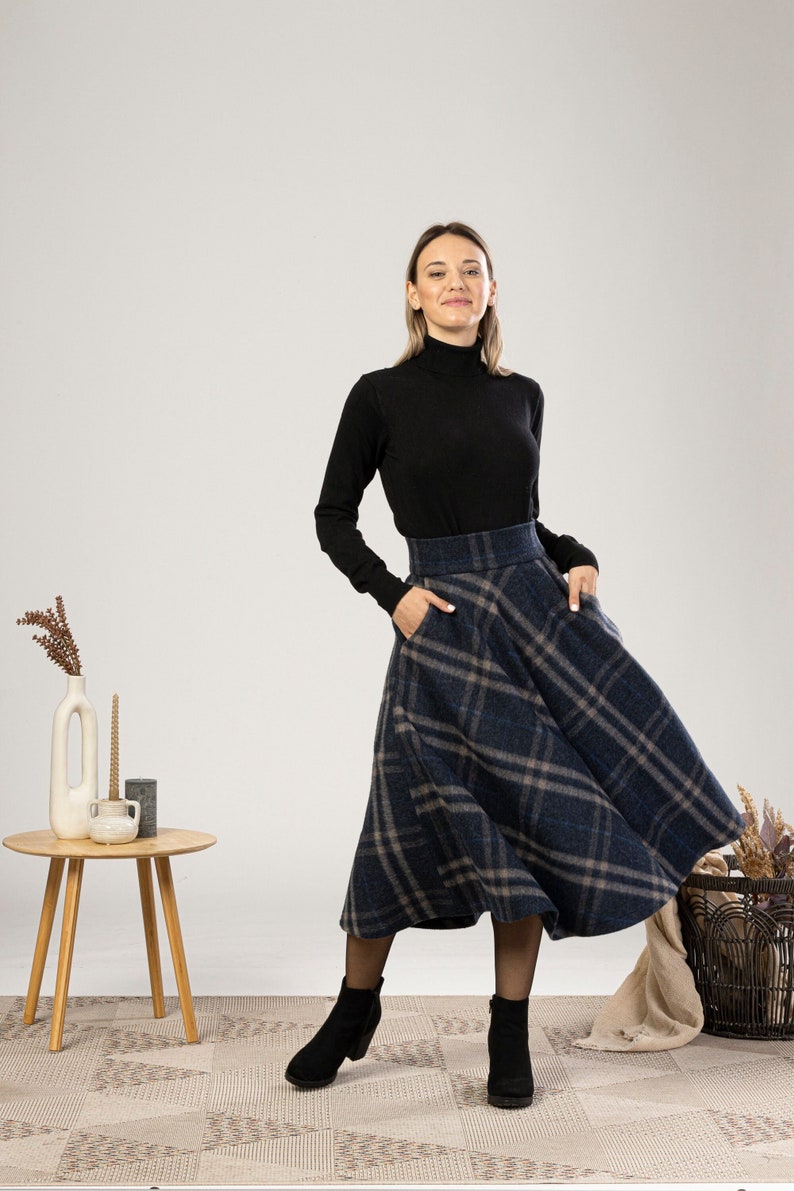 Tartan Wool Midi Skirt, High Waist Plaid Skirt, Plus Size Winter Skirt, Check Bell Circle Skirt, Wool Walking Skirt, 1940s Style Skirt Plaid (on pic)