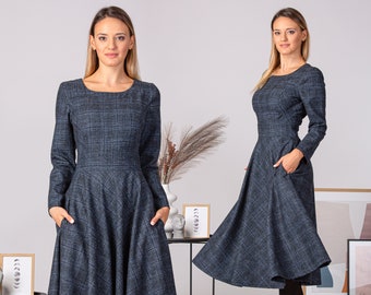 Vintage Inspired 1950s Wool Dress, Warm Outlander Dress, Midi Wedding Winter Dress, Blue A-Line Dress, Long Modern Plus Size Woolen Dress
