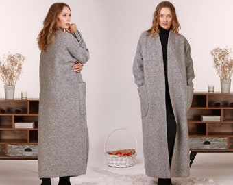 Wool Maxi Cardigan, Long Sweater Coat With Huge Pockets For Winter Season, Available In Plus Sizes, 11 Color Options