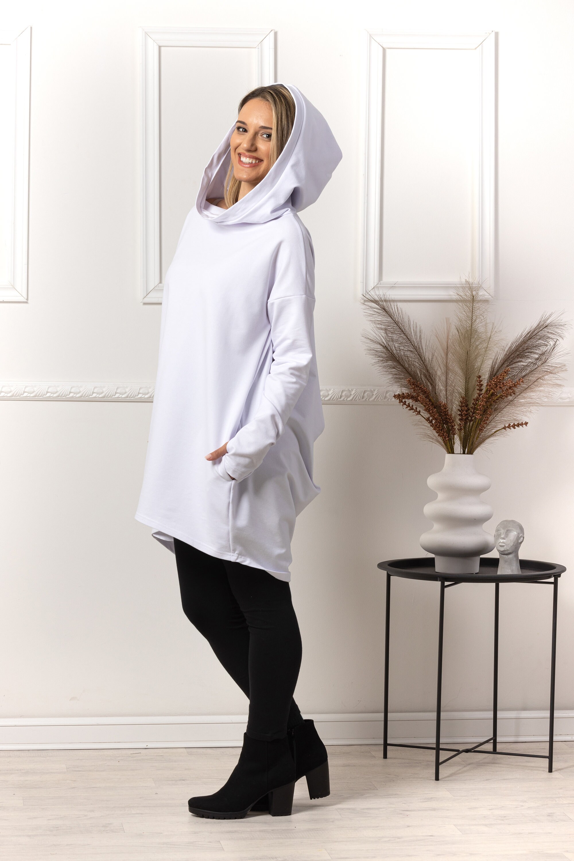 White Oversized Hoodie With Thumb Holes 