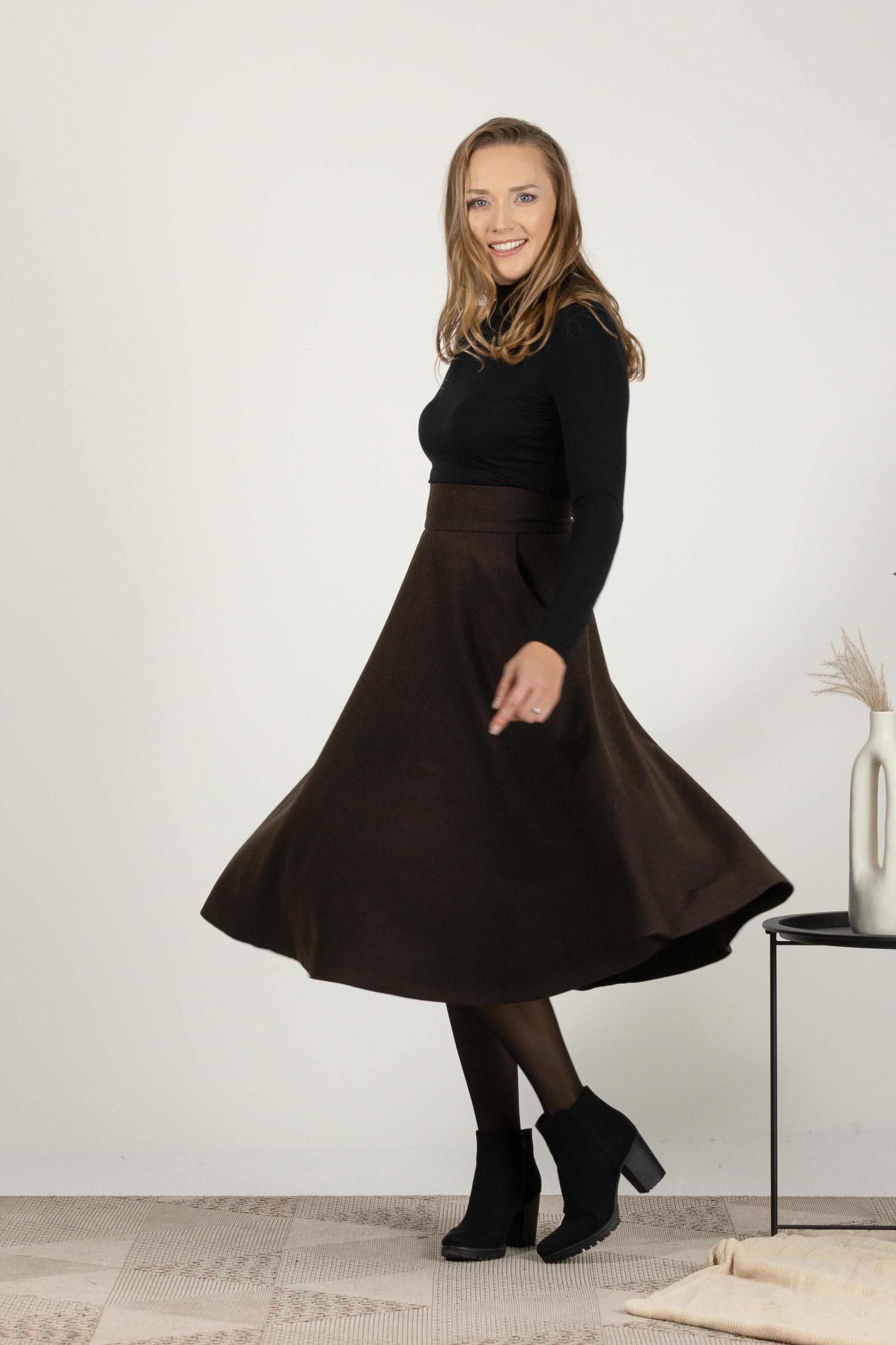 Wool Midi Chocolate Skirt, High Waist Flare Skirt, High Waist Bell