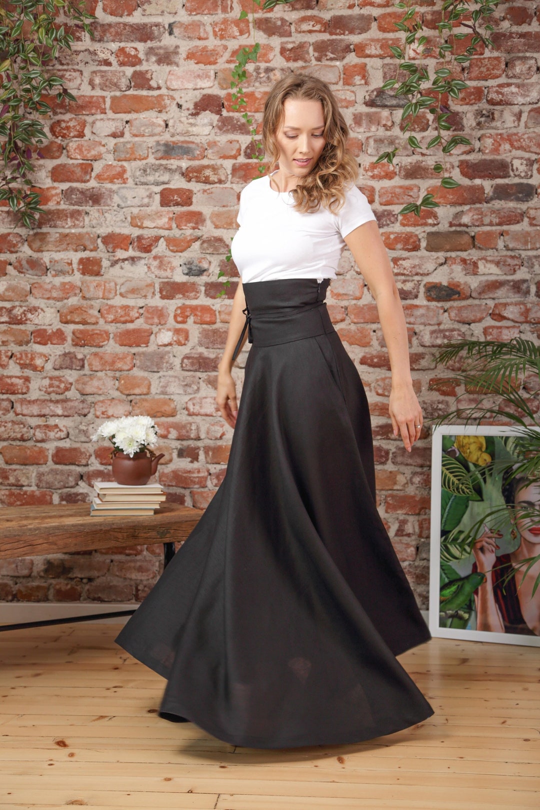 Empire Waist Line Skirt, High Waist Linen Victorian Skirt