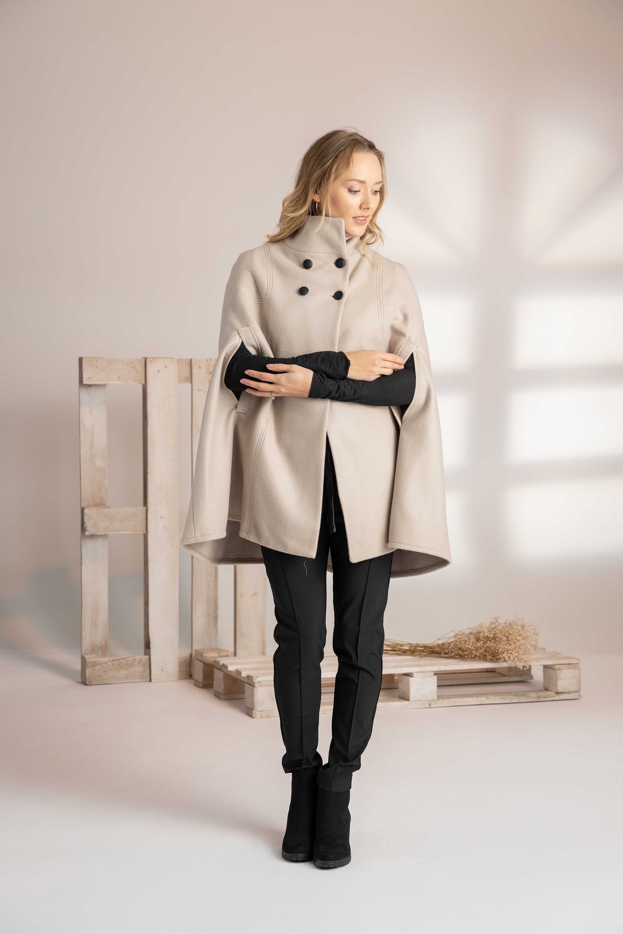 Wool Cape Coat, Winter Swing Coat With Buttons, High Collar Wool Cape Coat, Winter Swing Coat With Buttons, High Collar