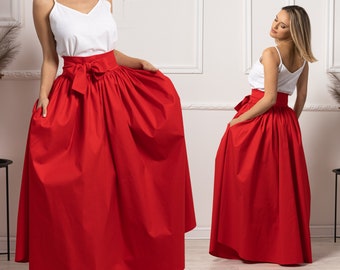 Long Red Formal Skirt with Tie Belt, Maxi Cotton Wrap Skirt, Victorian Walking Skirt, High Waist Evening Skirt, Plus Size Fancy Dressy Skirt