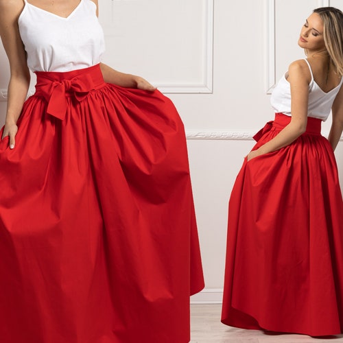 Long Red Formal Skirt With Tie Belt Maxi Cotton Wrap Skirt - Etsy