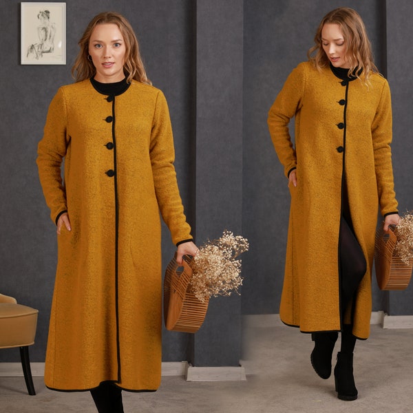 Lange Strickjacke aus gekochter Wolle, 1900er-Jahre-Vintage-inspiriertes Duster-Mantelkleid, senfgelber Button-Down-Mantelpullover, Woll-Cardigan im Vintage-Stil