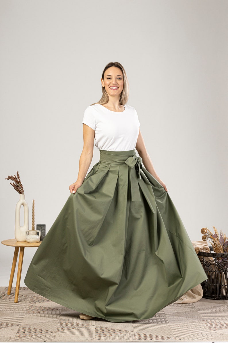 Fit and Flare Summer Cotton Skirt, Military Green High Rise Skirt, Formal Bow Tie Sash Skirt, Maxi Pleated Plus Size Edwardian Style Skirt image 4