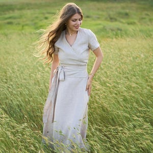 Linen Maxi Wrap Dress with Waist Tie and V Neck, Linen Summer Wedding Guest Dress