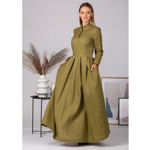 Vestido pionero de lino, vestido de lino estilo pradera, vestido victoriano con cuello mandarín, vestido inspirado en la Guerra Civil del siglo XIX, vestido modesto de lino histórico