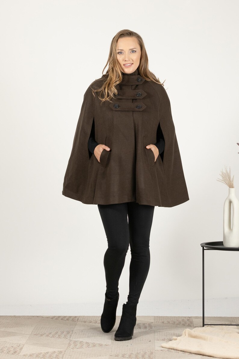 Hooded Cape Coat with Pockets, Winter Poncho Cloak, Plus Size Clothing, Short Cape Wool Mix Cloak, Poncho Jacket, Elegant Petite Swing Cape image 18
