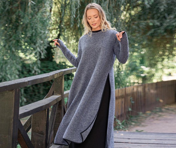 Wool Maxi Tunic Dress Slits Sweater Dress Long Pullover - Etsy
