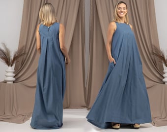 Elegant Linen Kaftan Dress with Pleats & Pockets, Special Occasion Maxi Summer Dress, Flattering Plus Size Flowy Caftan, Linen Prairie Dress