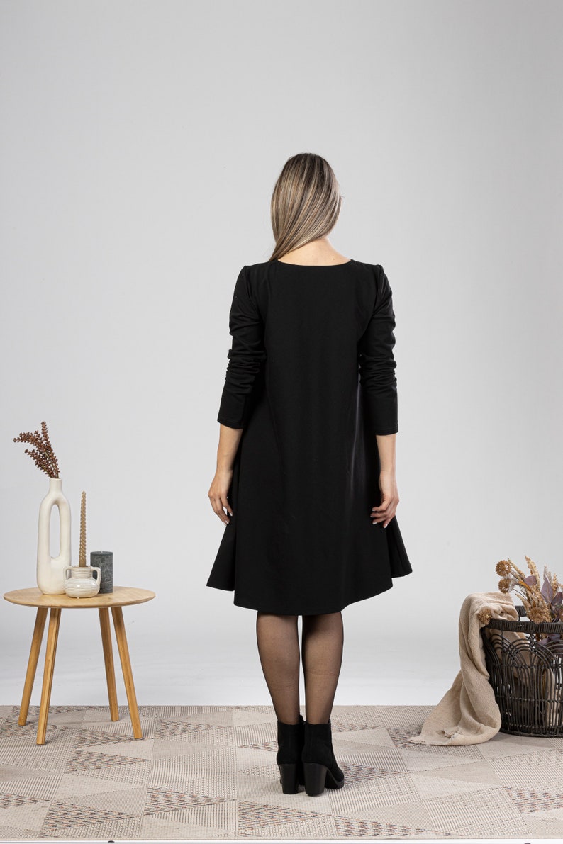 Plus Size Midi Dress, Minimal Cotton Tunic Dress, Solid Black Dress with Pockets, Petite Clothing, Elegant Evening Dress, Oversized Dress image 5