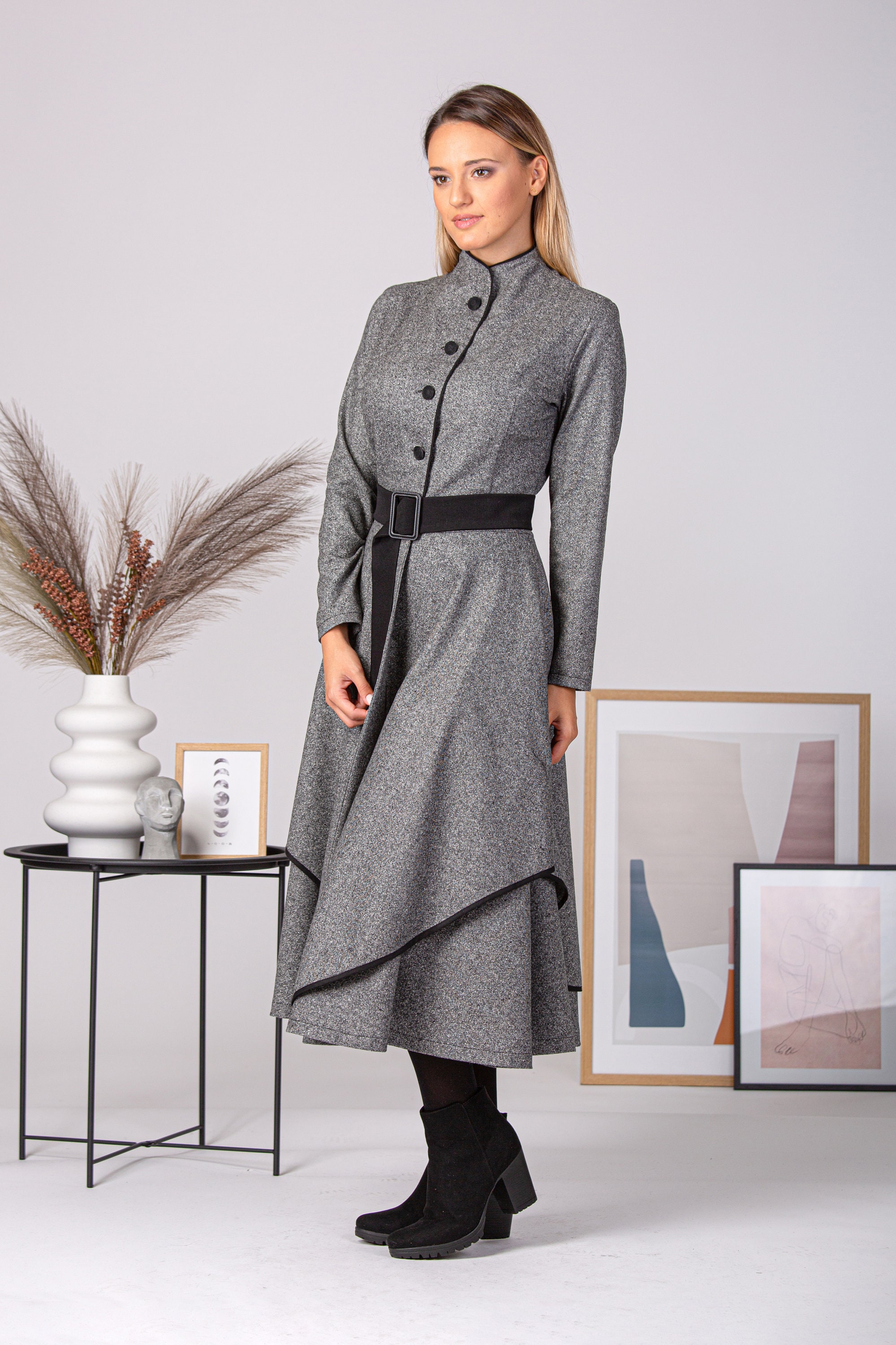 Wool Winter A Line Dress, Vintage Style Elegant Belted Dress, Long  