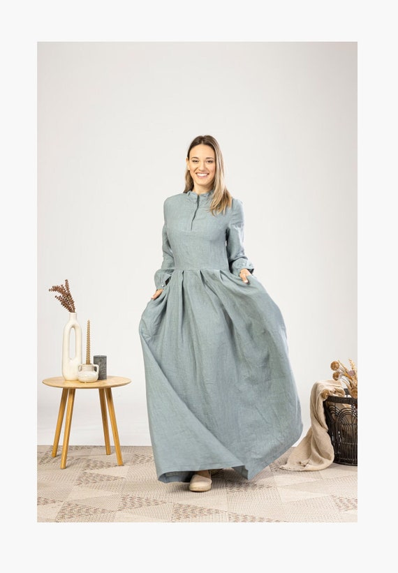 Plus Size Linen Wedding Guest Dress in Slate Blue & Other Colors Available,  Modest Edwardian Floor Length Summer Kaftan With Bishop Sleeves 
