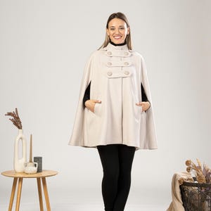 Hooded Cape Coat with Pockets, Winter Poncho Cloak, Plus Size Clothing, Short Cape Wool Mix Cloak, Poncho Jacket, Elegant Petite Swing Cape image 14