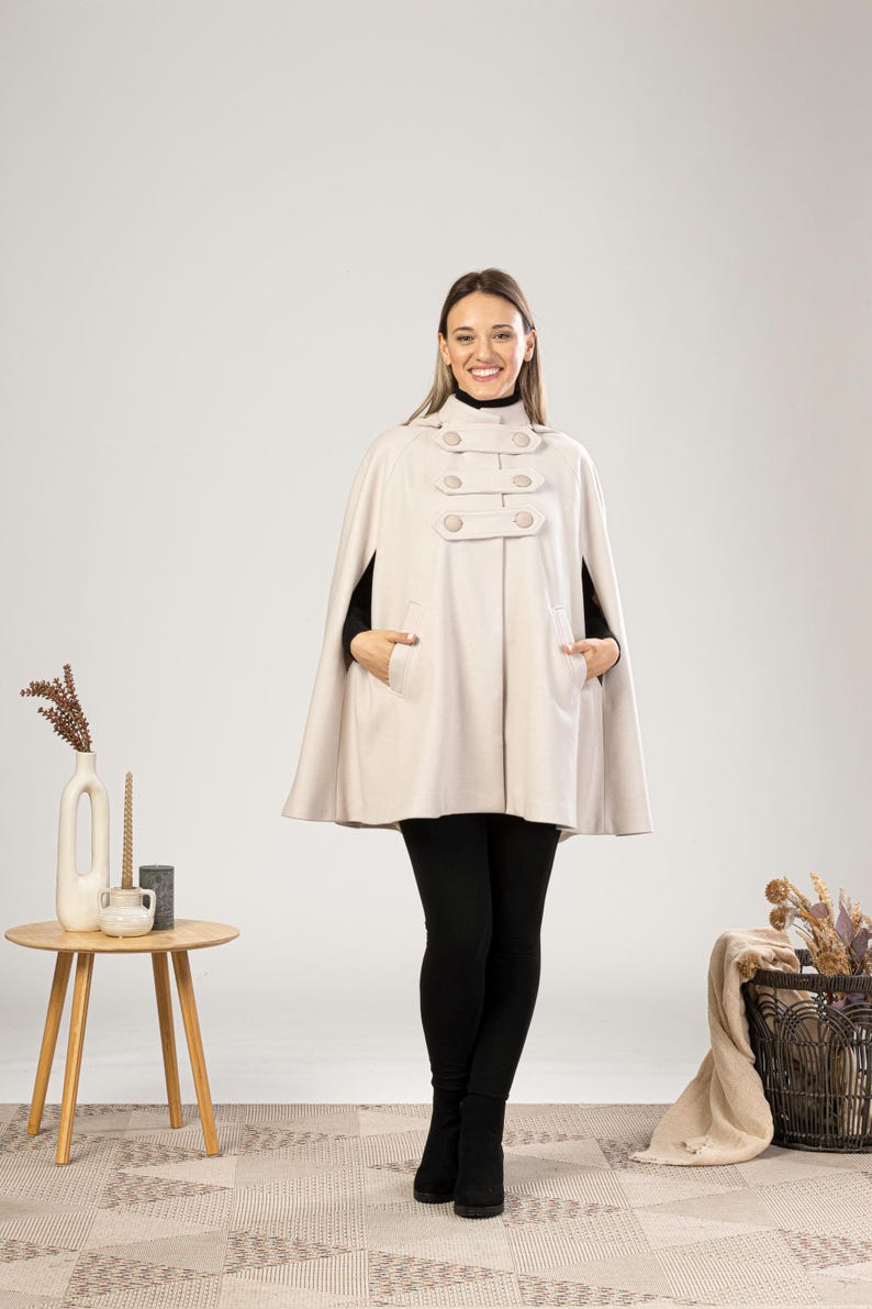 Hooded Cape Coat with Pockets, Winter Poncho Cloak, Plus Size Clothing, Short Cape Wool Mix Cloak, Poncho Jacket, Elegant Petite Swing Cape image 14