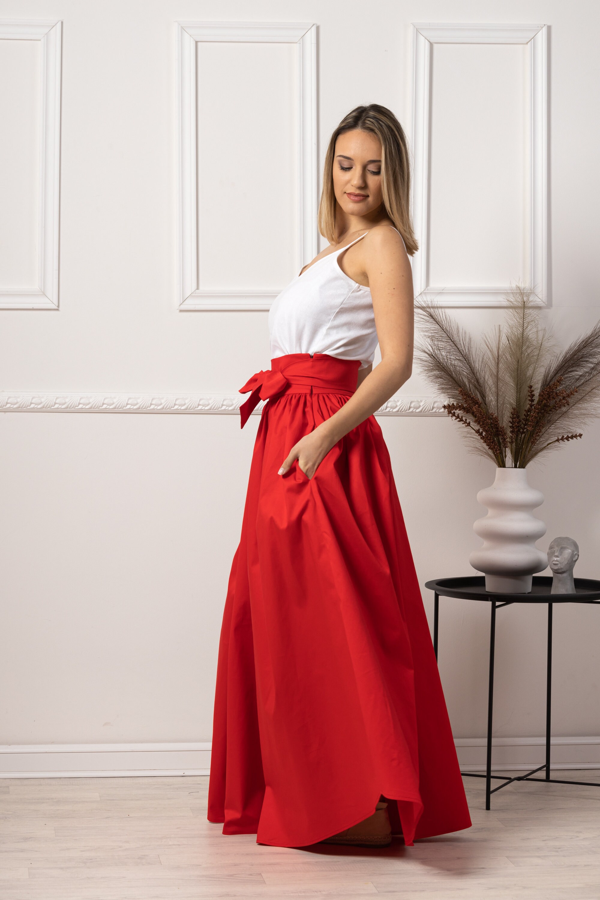 Full High Waisted Flared Maxi Skirt Summer Red Pleated Skirt - Etsy