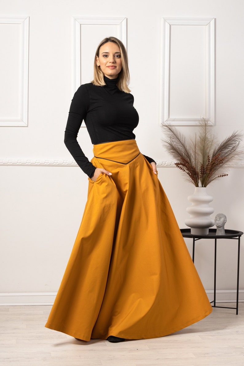 Victorian Walking Skirt, Edwardian Cotton Yellow Skirt, Waistband Long Skirt, Plus Size Gothic Flare Skirt, Steampunk Maxi High Waist Deep Yellow