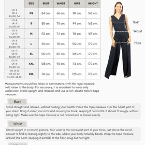 May include: Size chart with measurements in centimeters for bust, waist, hips, and height. Includes sizes XS to 3XL. A woman models a navy jumpsuit. Instructions are provided for measuring bust, waist, and hips.