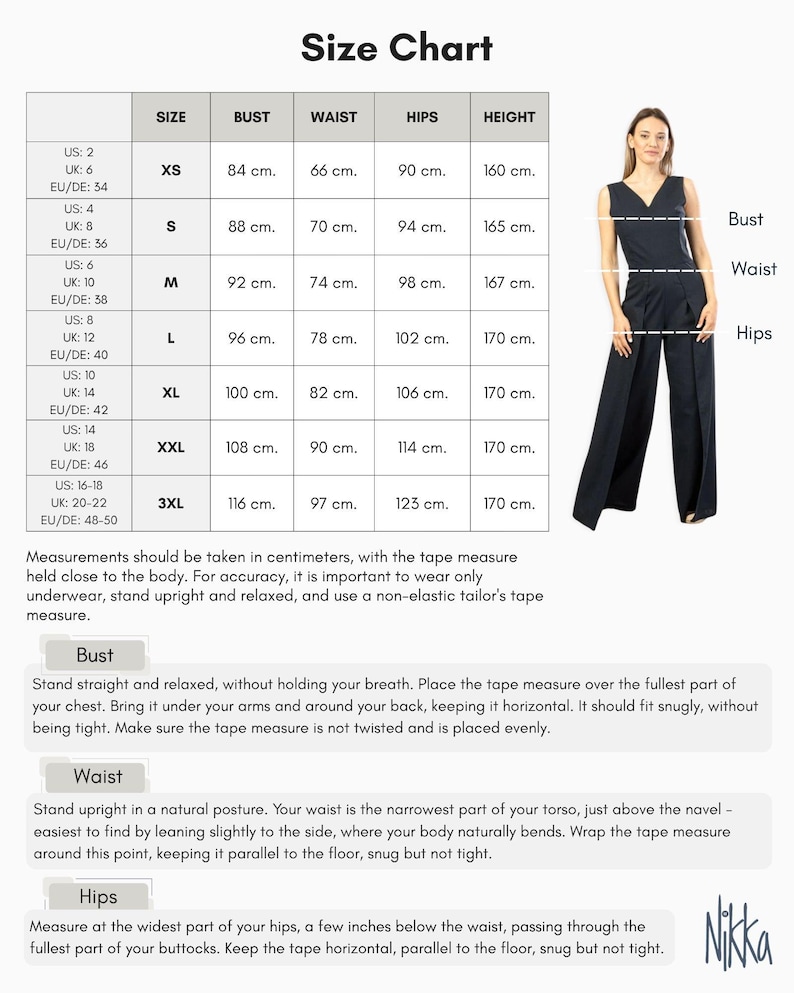 May include: Size chart with measurements in centimeters for bust, waist, hips, and height. Includes sizes XS to 3XL. A woman models a navy jumpsuit. Instructions are provided for measuring bust, waist, and hips.