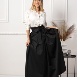 Fit and Flare Summer Cotton Skirt, Military Green High Rise Skirt, Formal Bow Tie Sash Skirt, Maxi Pleated Plus Size Edwardian Style Skirt Black