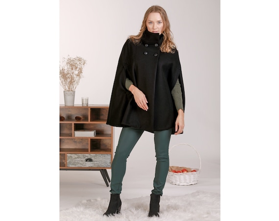 Winter Formal Wool Cape Coat Black Plus Size Poncho Coat Double Breasted Cape Jacket Short Woolen Cloak Warm 1970s Style Buttons Cape Etsy UK