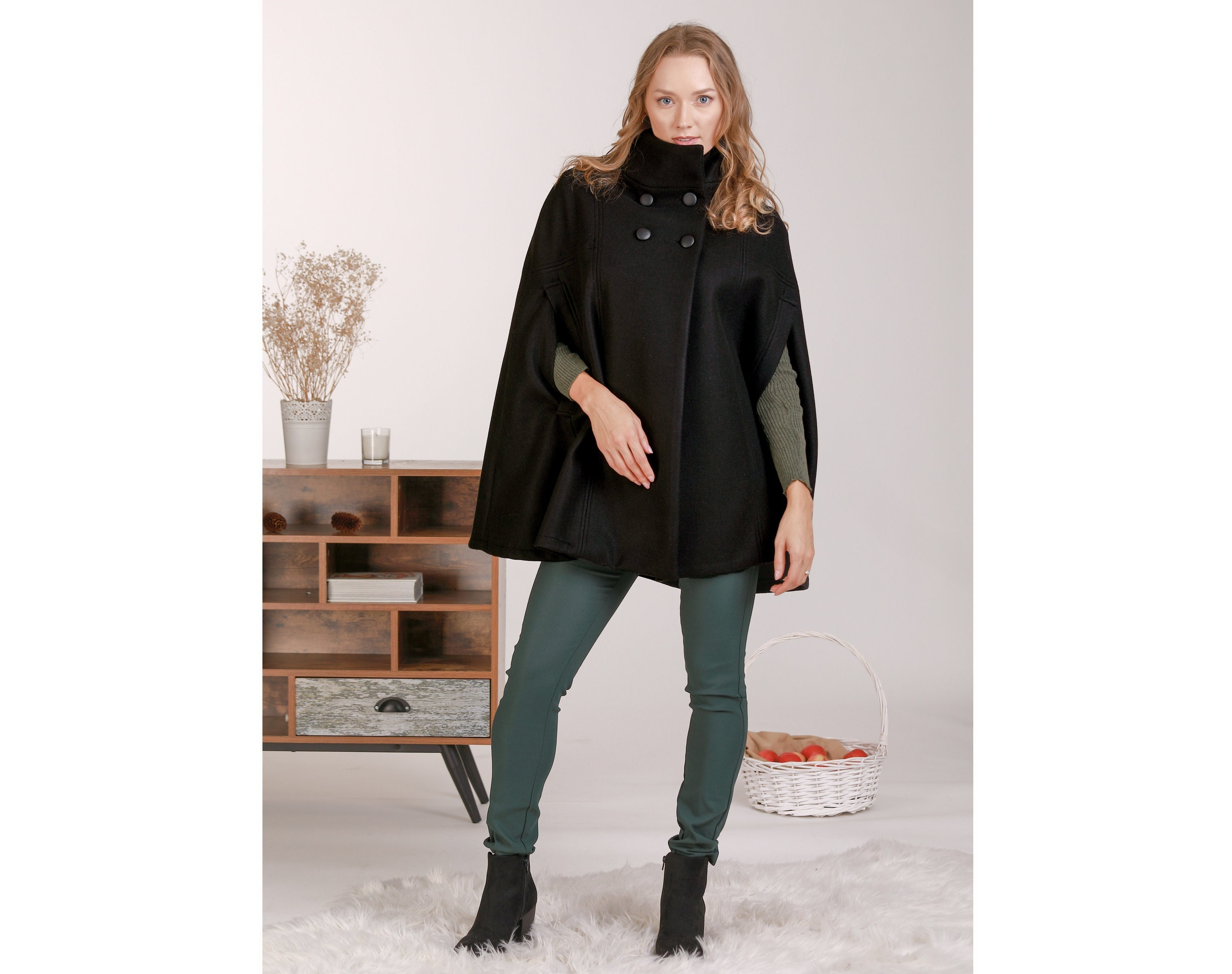 Udpakning gå i stå Savvy Winter Formal Wool Cape Coat Black Plus Size Poncho Coat - Etsy Finland