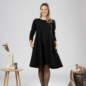 Plus Size Midi Dress, Minimal Cotton Tunic Dress, Solid Black Dress with Pockets, Petite Clothing, Elegant Evening Dress, Oversized Dress image 2