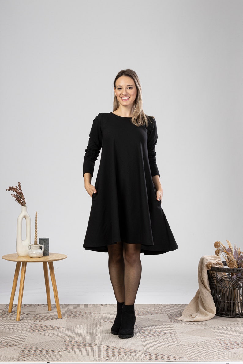 Plus Size Midi Dress, Minimal Cotton Tunic Dress, Solid Black Dress with Pockets, Petite Clothing, Elegant Evening Dress, Oversized Dress image 2