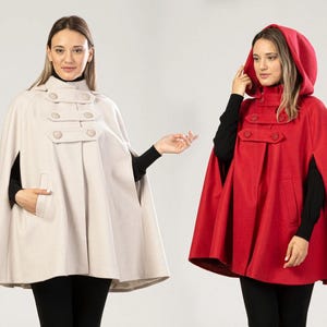 Capa de lana con capucha, capa de invierno para mujer, capa de talla grande, poncho corto y cálido, capa holgada de lana con capucha de inspiración vintage.