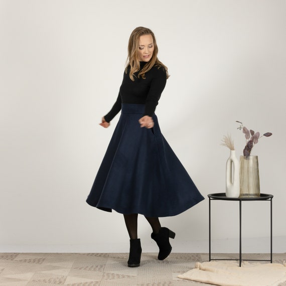 Wool Dark Blue Midi Skirt High Waist Swing Skirt Petite Winter Skirt Wool Walking Skirt 1950s Style Skirt Skater Rockabilly Skirt Etsy
